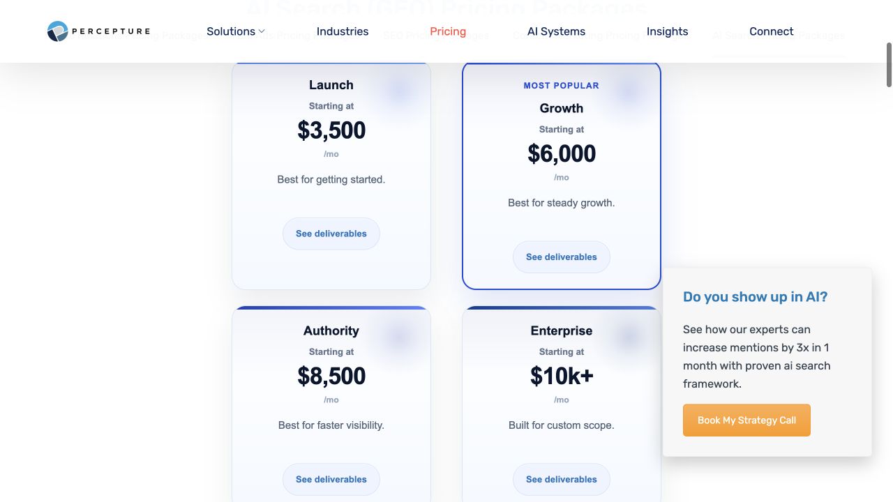 Percepture public pricing showing four monthly AI Search GEO packages.