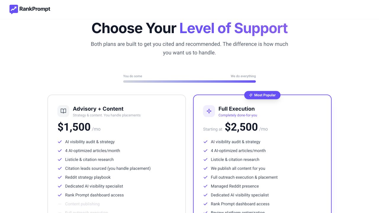 Rank Prompt public pricing showing its Advisory + Content and Full Execution monthly plans.