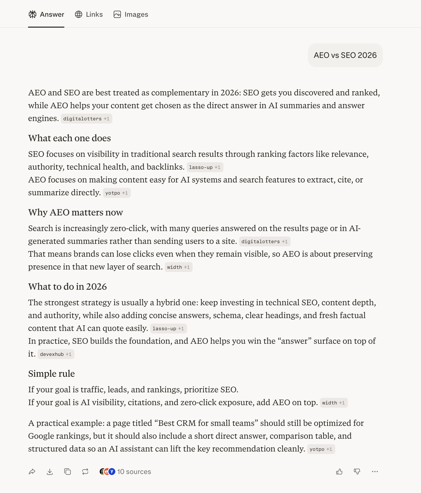 Perplexity answering 'AEO vs SEO 2026,' citing small specialist sites inline — digitalotters, lasso-up, width, devexhub